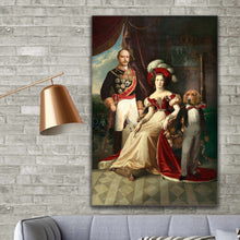 Load image into Gallery viewer, Portrait of a couple dressed in red royal clothes standing next to a dog with a human body hanging on a gray brick wall above the sofa
