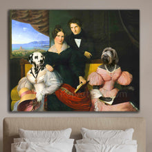 Load image into Gallery viewer, Portrait of a couple dressed in black regal attires sitting near two dogs with bodies of people dressed in dresses
