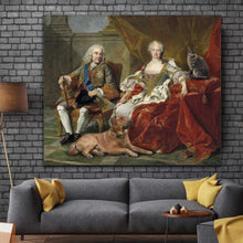Load image into Gallery viewer, Portrait of an elderly couple dressed in golden royal clothes sitting with a dog hanging on a gray brick wall above the sofa
