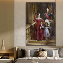 Load image into Gallery viewer, Portrait of a couple dressed in red royal clothes standing near a dog with a human body hanging on a beige wall above the bed
