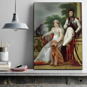 Portrait of a couple dressed in white royal clothes standing with a dog standing on a gray wooden shelf near books