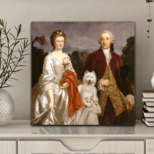 Portrait of a couple dressed in historical royal clothes standing near a dog with a human body standing on a white table near books