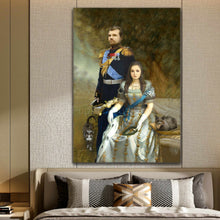 Load image into Gallery viewer, Portrait of a couple dressed in historical royal attires hangs on the beige wall above the bed
