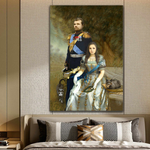 Portrait of a couple dressed in historical royal attires hangs on the beige wall above the bed