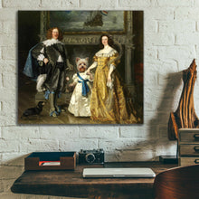 Load image into Gallery viewer, Portrait of a couple dressed in golden regal attires standing near a dog with the body of a man hanging on a white brick wall above a work table
