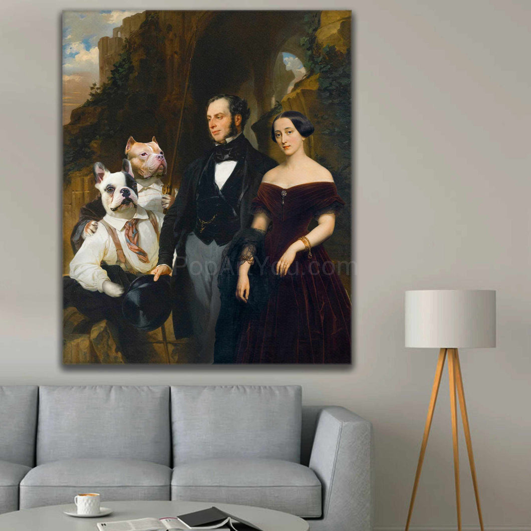 Portrait of a couple dressed in historical black royal clothes standing next to two dogs with human bodies hanging on the gray wall above the sofa