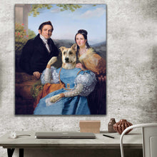Load image into Gallery viewer, Portrait of a couple dressed in historical royal attires sitting near a dog with a human body hanging on a gray wall above a work table
