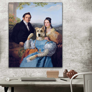 Portrait of a couple dressed in historical royal attires sitting near a dog with a human body hanging on a gray wall above a work table