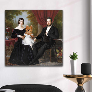 Portrait of a couple dressed in black royal clothes sitting near a dog with a man's body hanging on a white wall above a black chair
