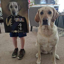 Load image into Gallery viewer, A man holds a portrait of a dog, depicted in a veteran costume with medals, and a Labrador retriever sits nearby
