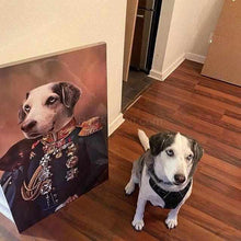 Load image into Gallery viewer, The portrait of the dog in historical attire stands near the sitting dog
