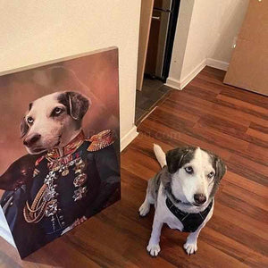 The portrait of the dog in historical attire stands near the sitting dog