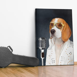 Portrait of a dog with glasses dressed in white Elvis clothes stands on a wooden floor near a white wall
