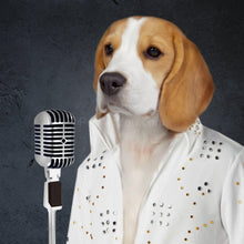 Load image into Gallery viewer, The portrait shows a dog dressed in white Elvis clothes standing near the microphone
