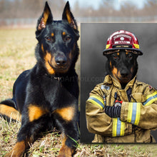 Load image into Gallery viewer, A dog sits near a portrait of himself dressed in a firefighter&#39;s clothes
