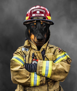 The portrait depicts a dog with a human body dressed in a firefighter's clothes with a red helmet