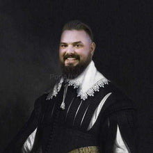 Load image into Gallery viewer, The portrait shows a man with a beard dressed in a black royal suit
