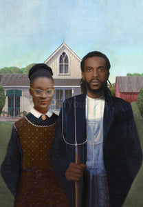 The portrait shows a young couple dressed in historical Gothic attires with a pitchfork