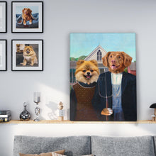 Load image into Gallery viewer, Portrait of two dogs with human bodies dressed in historical gothic clothes standing on a wooden shelf above the bed
