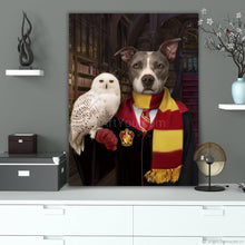 Load image into Gallery viewer, Portrait of a dog with a human body dressed in magician clothes holding an owl standing on a white shelf
