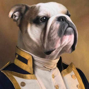 Painting of a bulldog in a historical costume of a captain