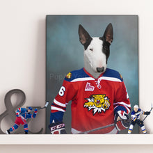 Load image into Gallery viewer, Portrait of a dog with a human body dressed in hockey clothes with a hockey stick standing on a white shelf
