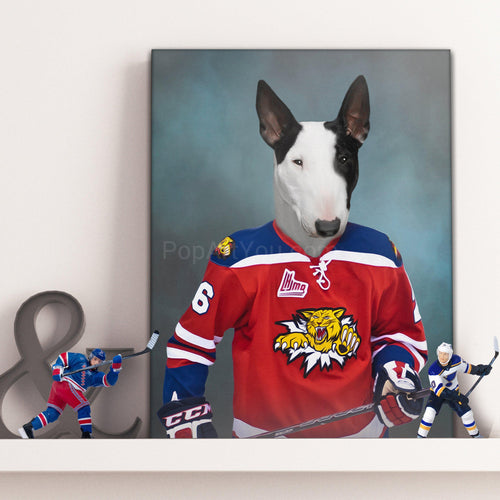 Portrait of a dog with a human body dressed in hockey clothes with a hockey stick standing on a white shelf