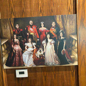 Portrait of a family dressed in historical royal clothes standing beside their dog hanging on a wooden wall