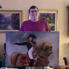 Load image into Gallery viewer, A man holds a portrait of himself dressed in renaissance regal attire sitting on a huge dog
