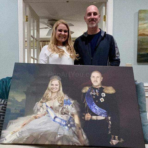 Couple holding a huge portrait of themselves dressed in historical royal clothes