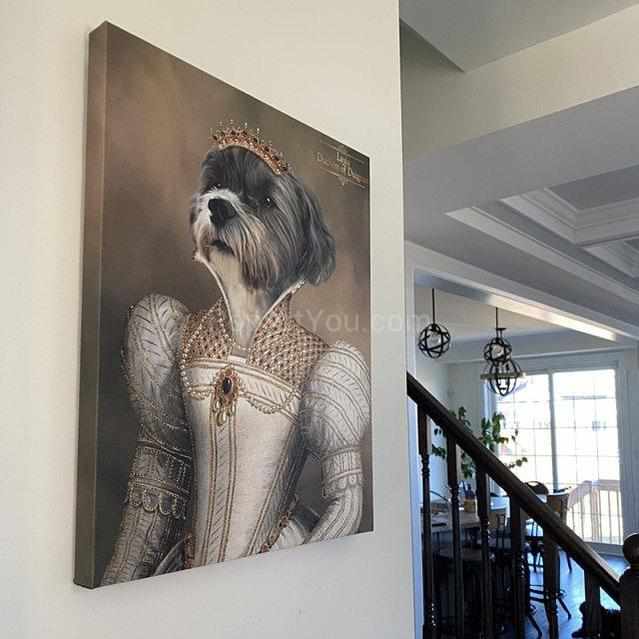 Portrait of a female dog with a human body dressed in a silver royal dress hangs on a white wall near the stairs