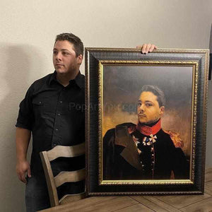 А man stands near a portrait of himself, dressed in a general's costume