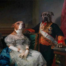 Load image into Gallery viewer, The portrait shows a pair of two dogs with human bodies dressed in historical royal clothes
