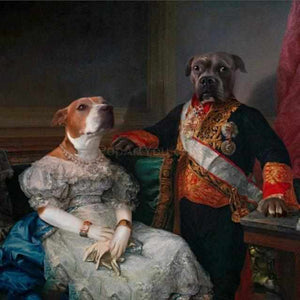 The portrait shows a pair of two dogs with human bodies dressed in historical royal clothes
