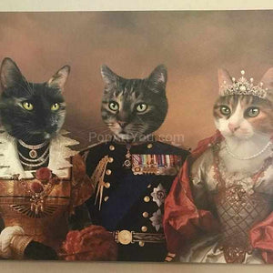 The portrait shows three cats with human bodies dressed in historical royal attires