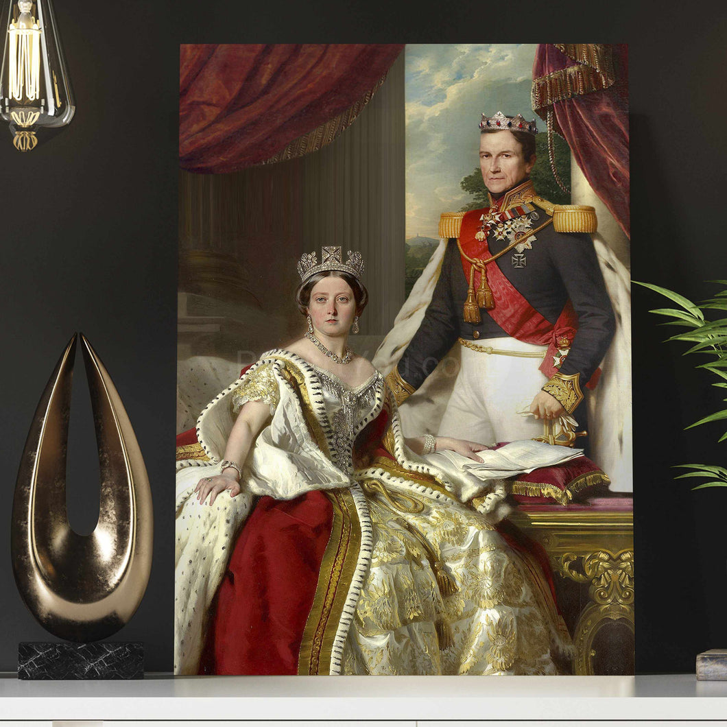 Portrait of a couple dressed in historical royal attires stands on a white table near a light bulb
