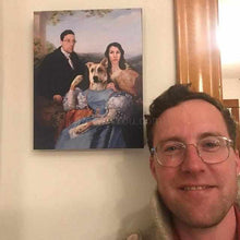 Load image into Gallery viewer, A man in glasses stands near a portrait of himself with his couple dressed in historical royal clothes and a dog with a human body
