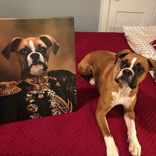 Load image into Gallery viewer, The dog lies near his portrait, in which his head is depicted on the human body
