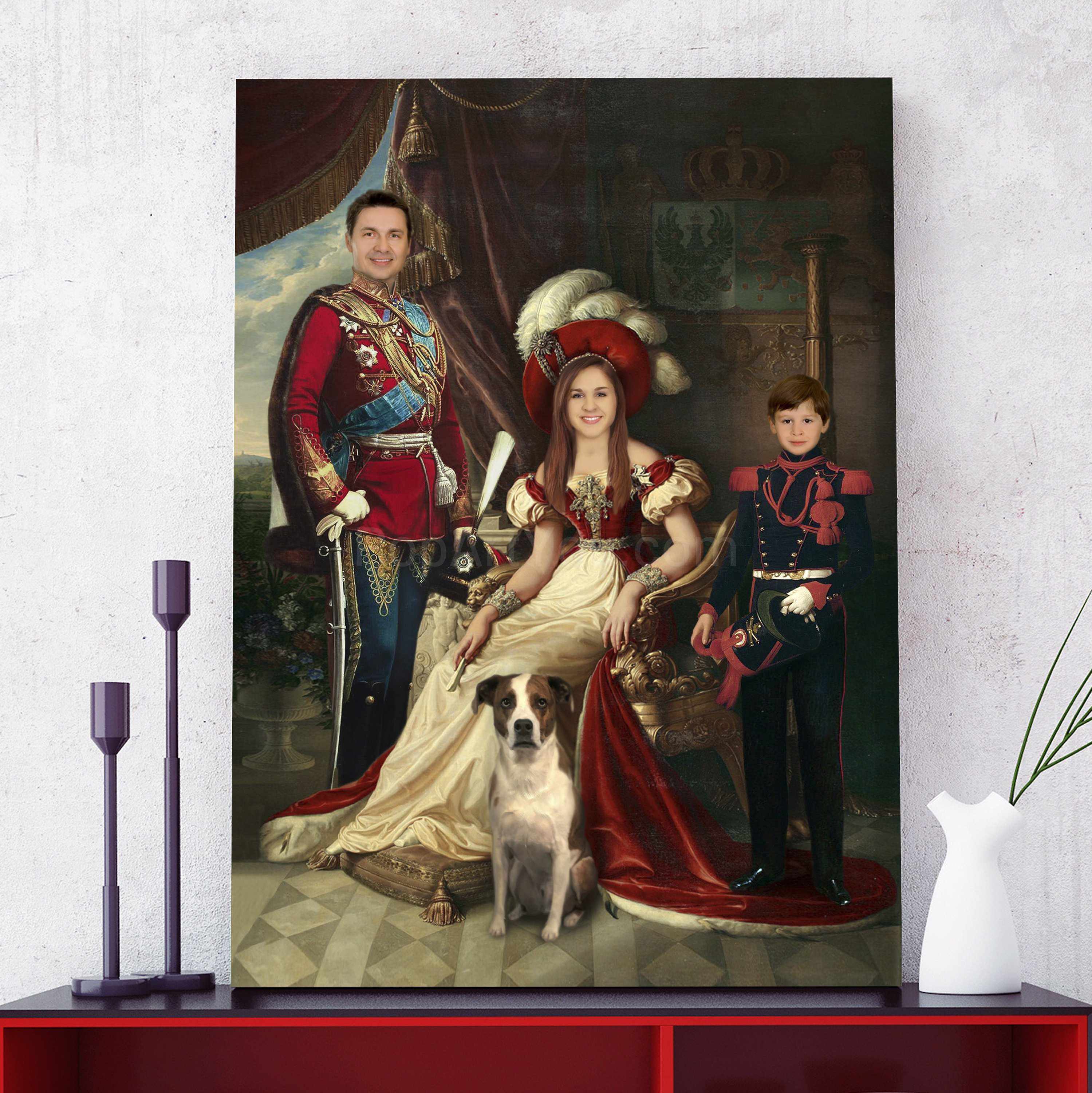 A portrait of a family dressed in historical regal attires stands on a red table near a white vase
