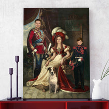 Load image into Gallery viewer, A portrait of a family dressed in historical regal attires stands on a red table near a white vase
