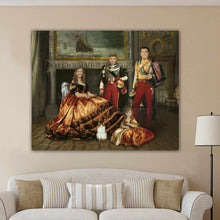 Load image into Gallery viewer, A portrait of a family dressed in historical royal clothes standing beside their cat hangs on the beige wall above the sofa
