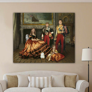 A portrait of a family dressed in historical royal clothes standing beside their cat hangs on the beige wall above the sofa
