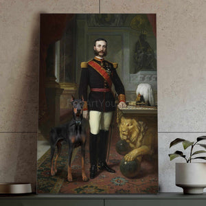 A portrait of a man dressed in historical royal clothes standing next to a dog stands on a green table next to a vase