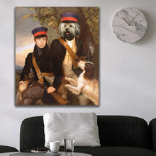 Load image into Gallery viewer, Portrait of a man and a dog with the body of a man dressed in historical royal clothes with hats hanging on a white wall near the clock
