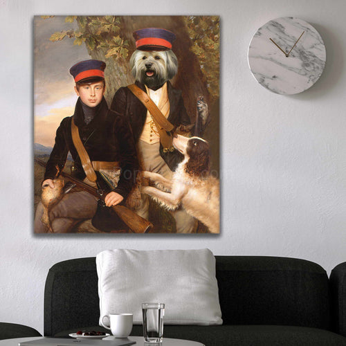 Portrait of a man and a dog with the body of a man dressed in historical royal clothes with hats hanging on a white wall near the clock