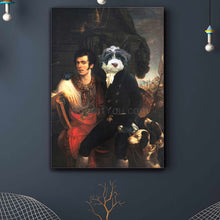 Load image into Gallery viewer, Portrait of a man and a dog with the body of a man dressed in historical regal clothes hangs on a blue wall near two light bulbs
