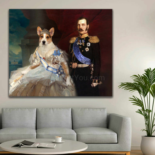 Portrait of a man and a dog with the body of a man dressed in historical regal attires hanging on a beige wall above the sofa