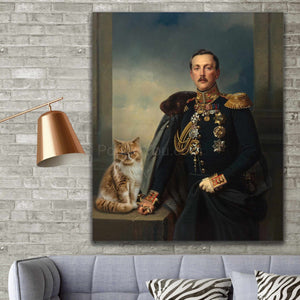 A portrait of a man dressed in historical royal clothes standing next to a cat hangs on the gray brick wall above the sofa