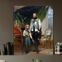 Load image into Gallery viewer, Portrait of a man and a dog with the body of a man dressed in white royal attires stands on a gray shelf near a black vase
