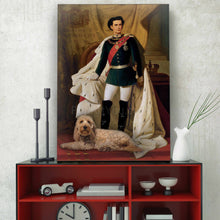 Load image into Gallery viewer, A portrait of a man dressed in historical royal clothes standing next to a dog stands on a red table
